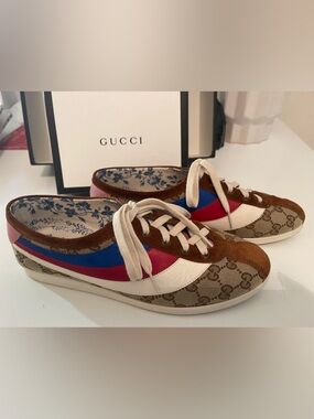 Gucci Multicolor GG Canvas Sneakers - Brown suede Blue and Red Bowling sneakers